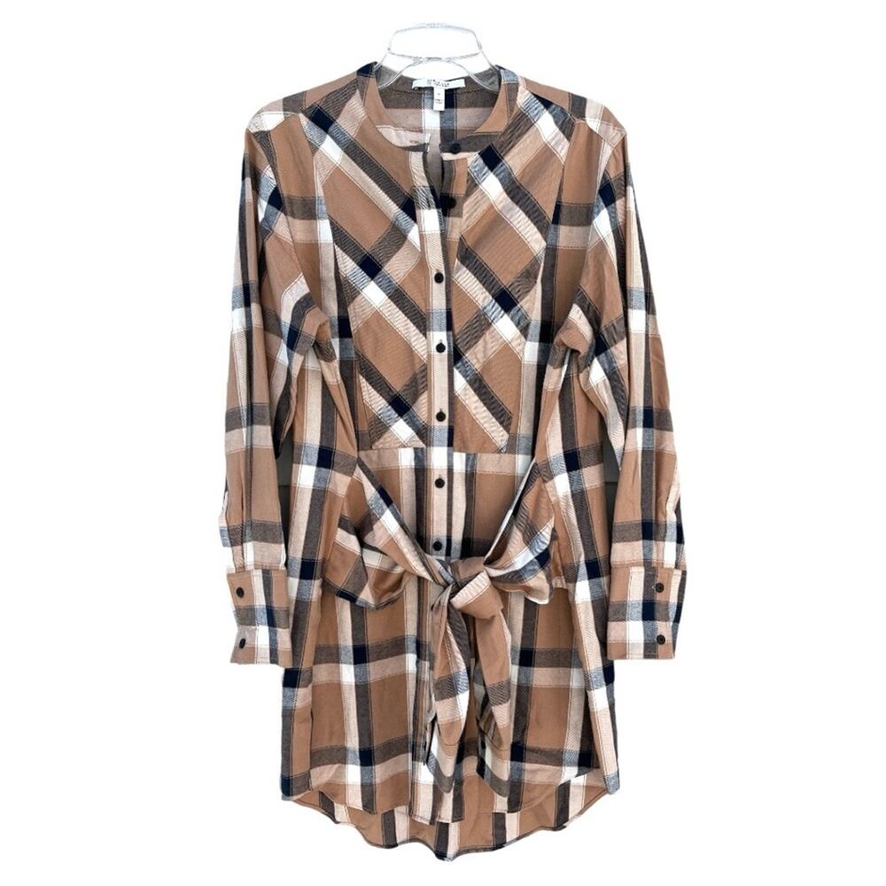 Derek Lam 10 Crosby Tie Waist Shirt Dress Plaid Tan Navy Blue
